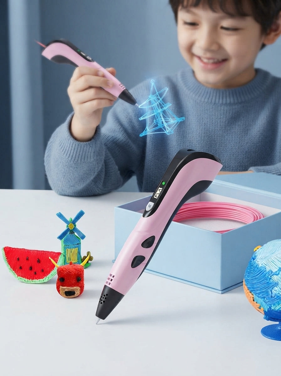 A child using a 3D printing pen to create a sculpture on a bright white table with slate blue decor.