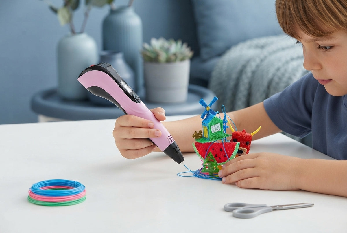 A child using a 3D printing pen to create a sculpture on a white desk with blue decor in the background.